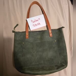 Portland Leather Brushed Green Tote Bag with Tan Handles
